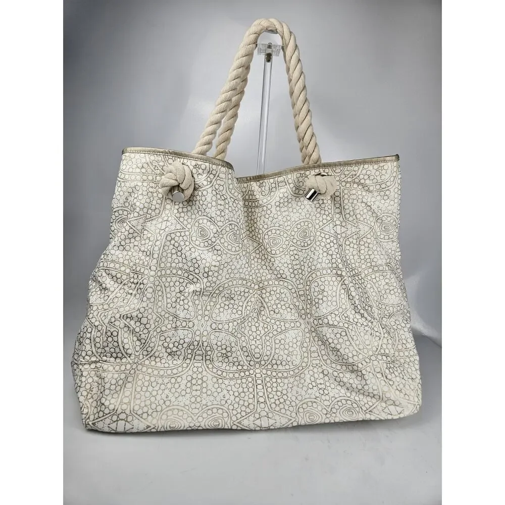 Donna Dixon Large Rope Handle Off-White & Gold Canvas Tote Bag